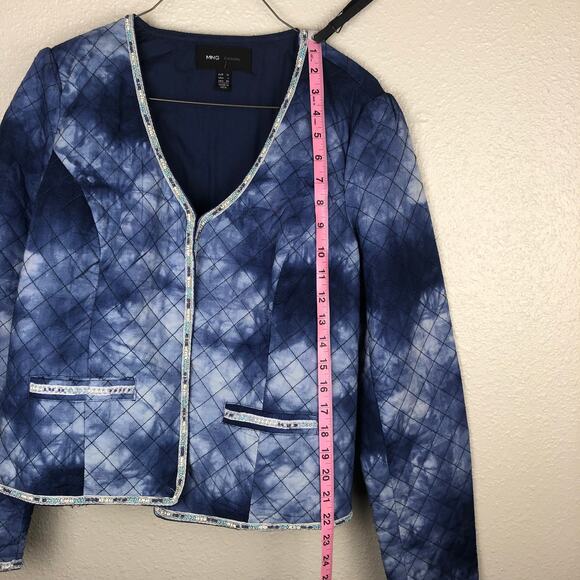 Mango MNG Blue & White Tie Dye Quilted Beaded Long Sleeve Jacket Large - Picture 8 of 16